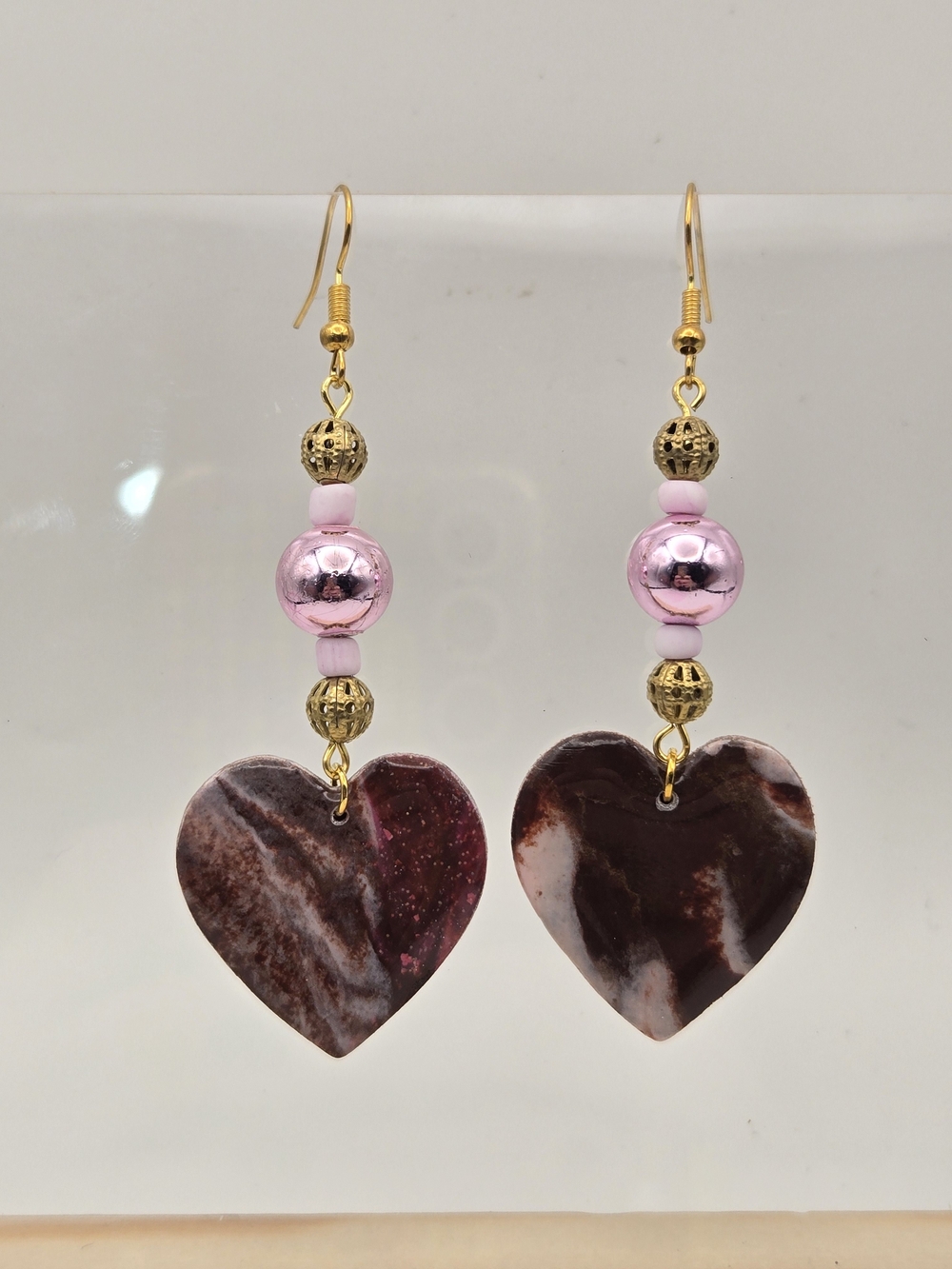 Pink & Gold Heart Drop Earrings with Marbled Brown Hearts